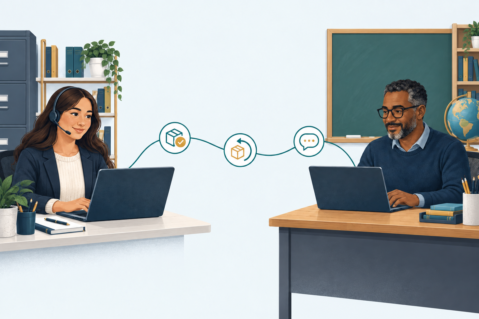 Illustration of an office support specialist and a school staff member connected through order, returns, and guidance icons