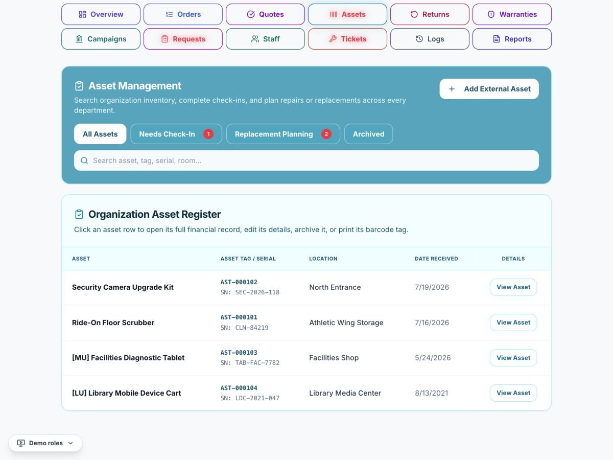 Commerce Street asset register showing sample equipment, asset tags, locations, and received dates