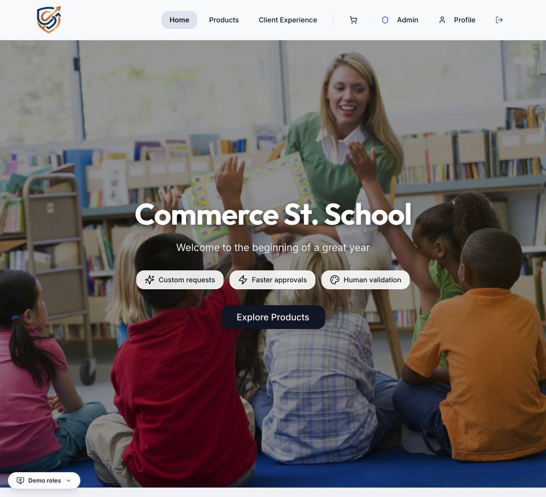Commerce Street school platform homepage with navigation, a classroom image, and an Explore Products button
