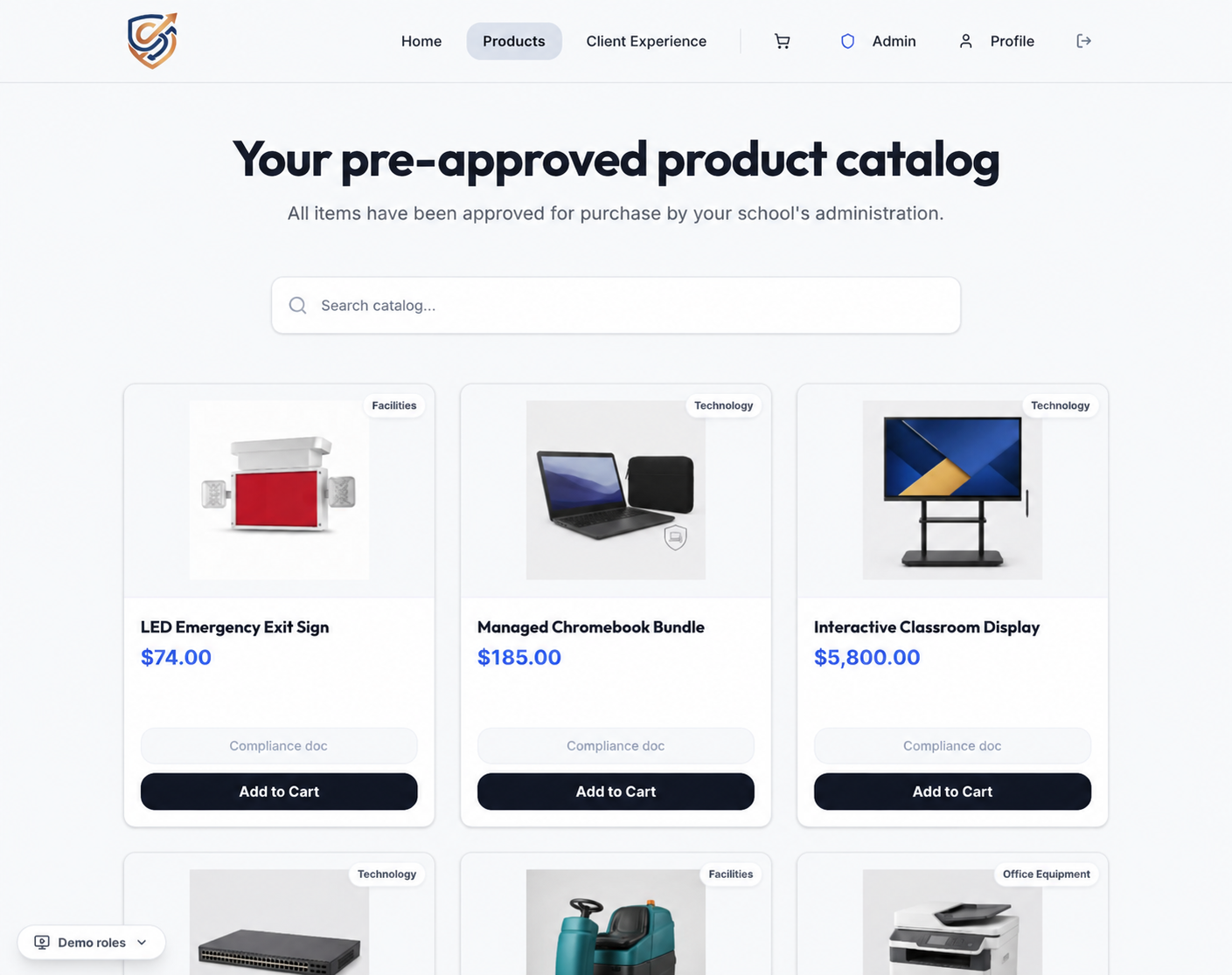 Commerce Street approved product catalog with search and product cards