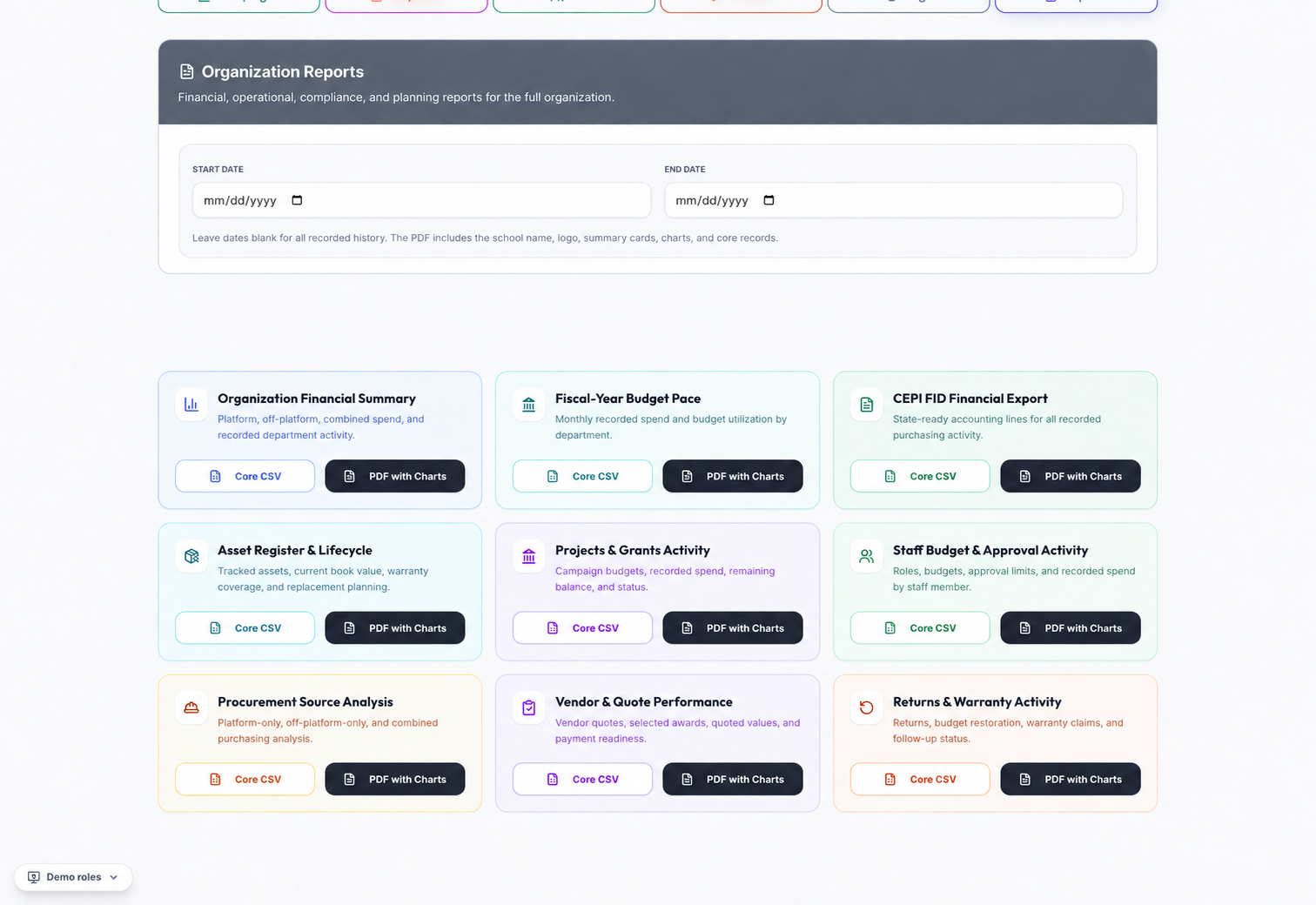 Organization Reports heading and date selection