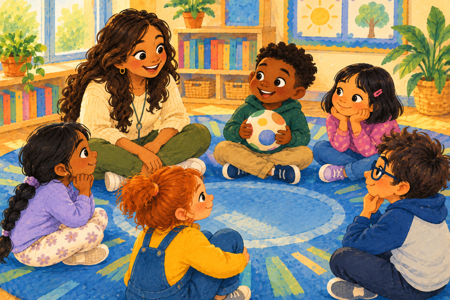 Painted illustration of a teacher and children sitting in a classroom morning-meeting circle.