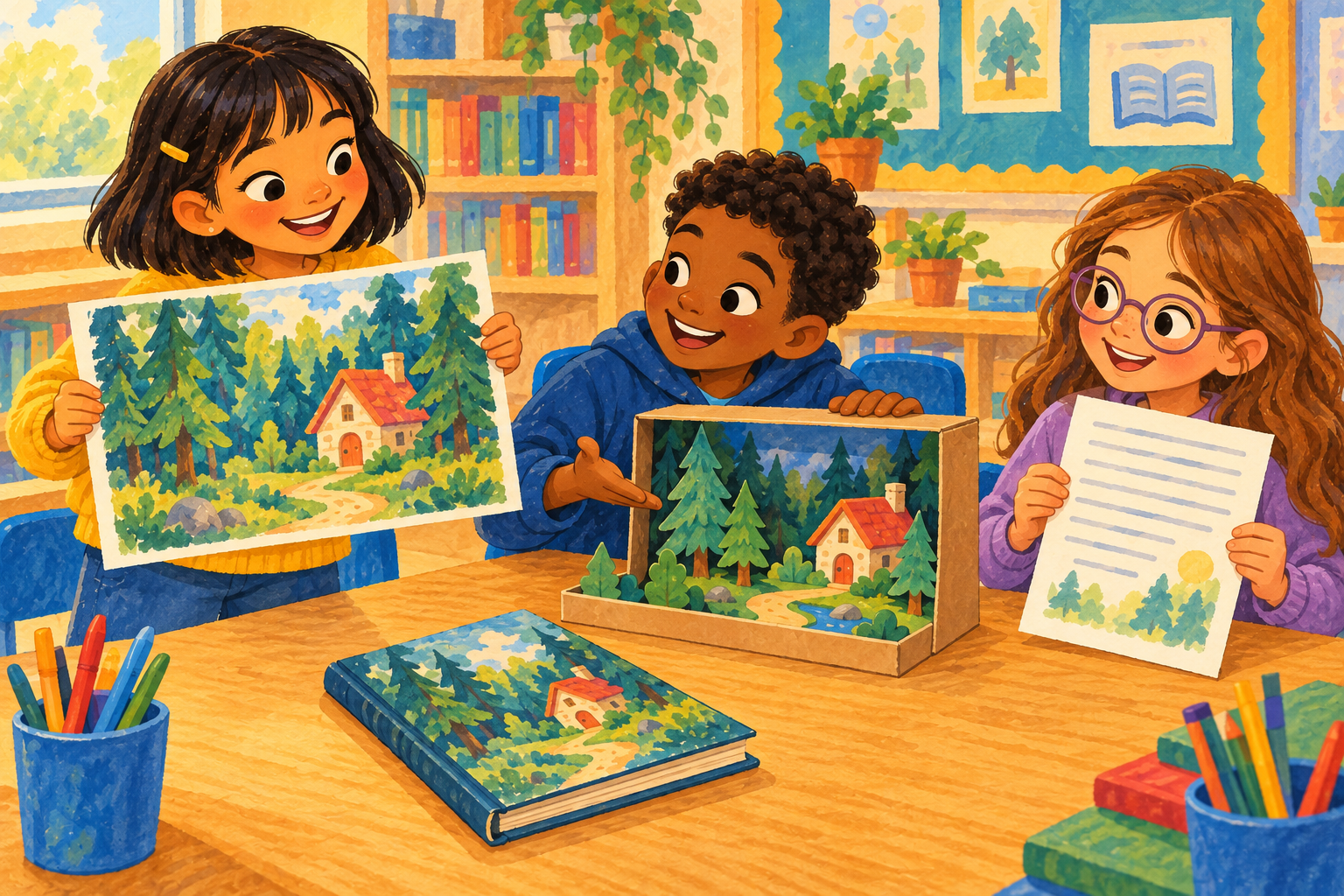 Storybook illustration of students sharing a drawing, diorama, and written book response.