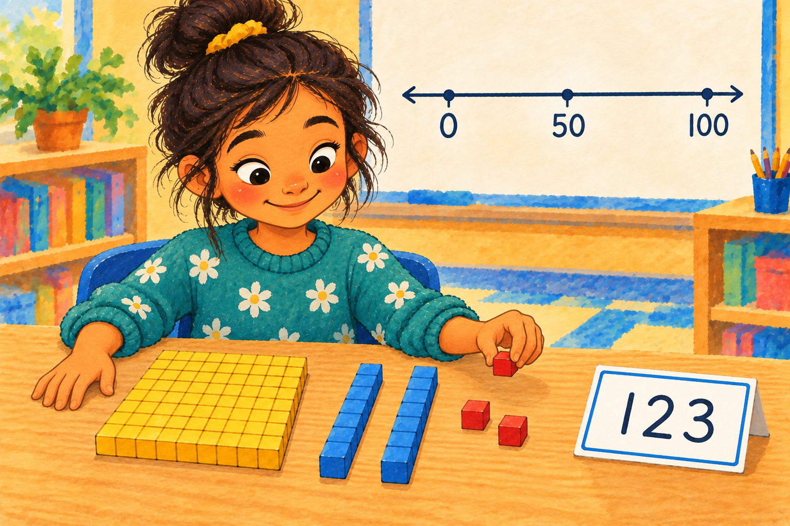 Painted illustration of a child using base-ten blocks beside a 123 card and a classroom number line.