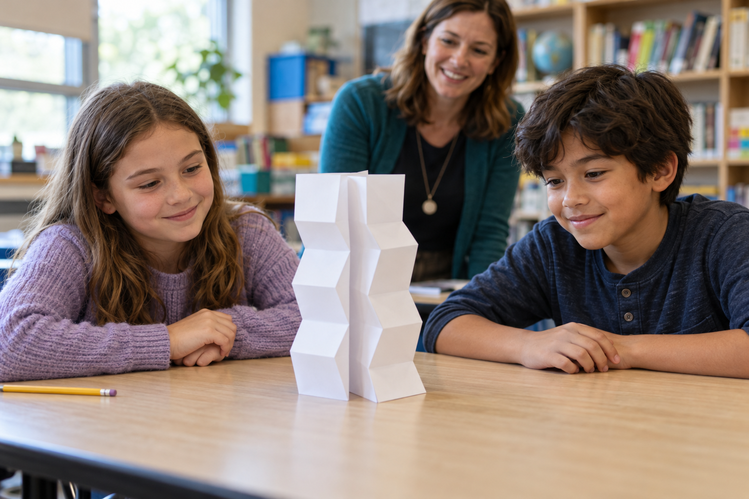 Illustrative classroom scene with two students watching a freestanding folded-paper tower and a teacher nearby.