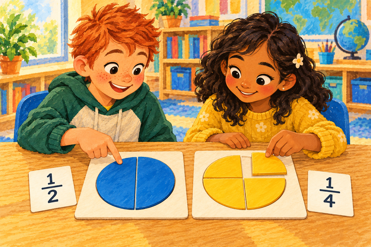 Painted illustration of children comparing a circle divided into halves with one divided into quarters.