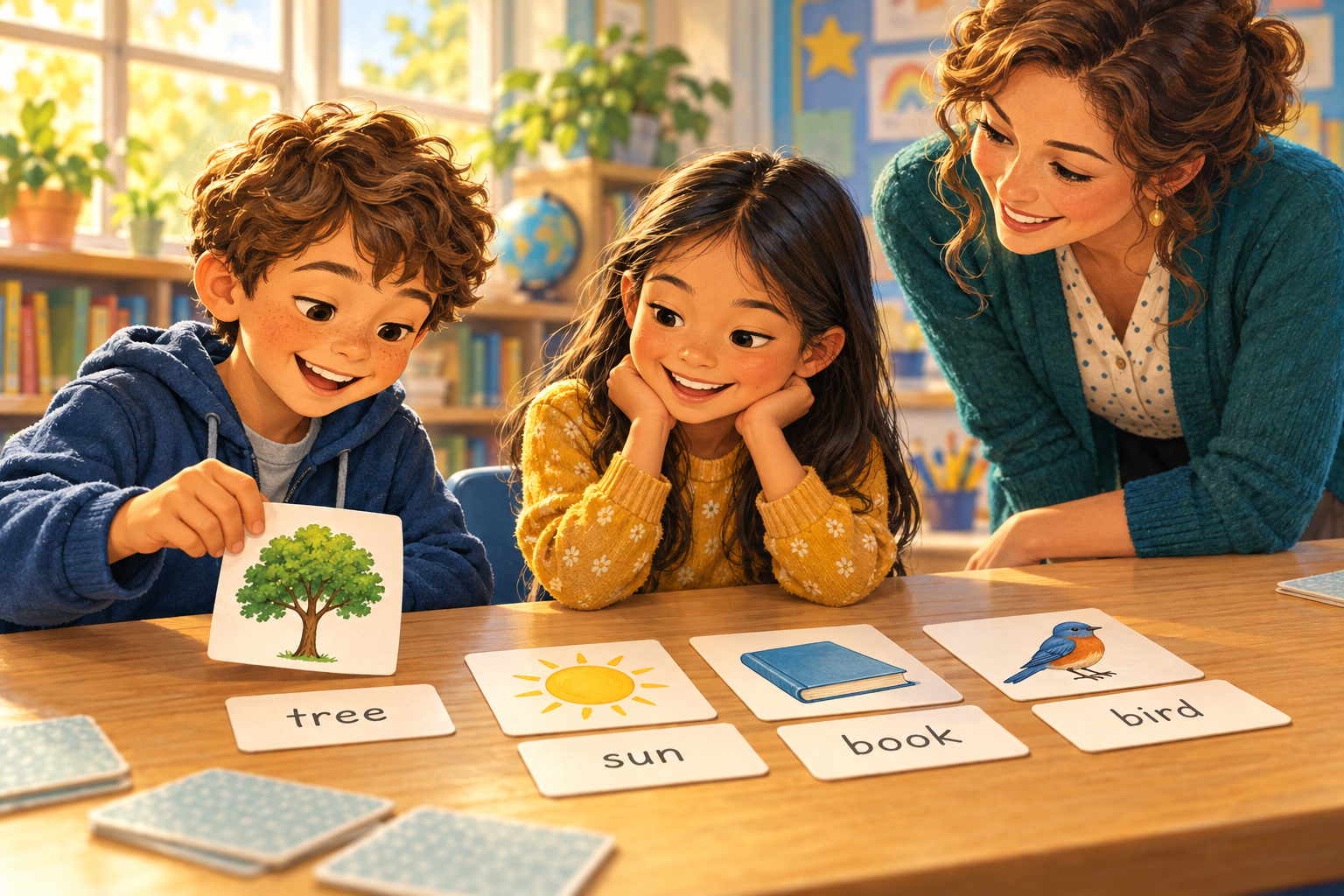 Painted illustration of children exploring vocabulary cards together.