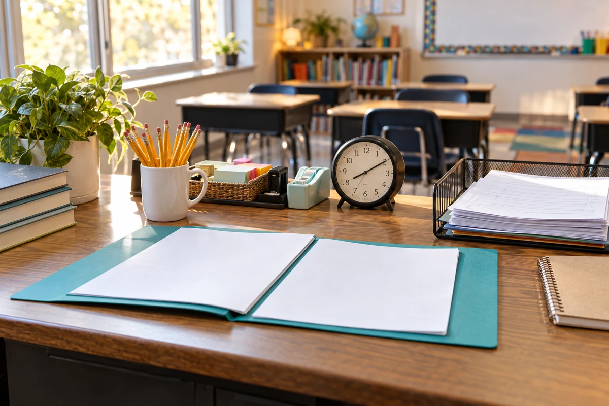 Illustrative empty elementary classroom with an open teal folder, pencils, and organized worksheets on the teacher desk.