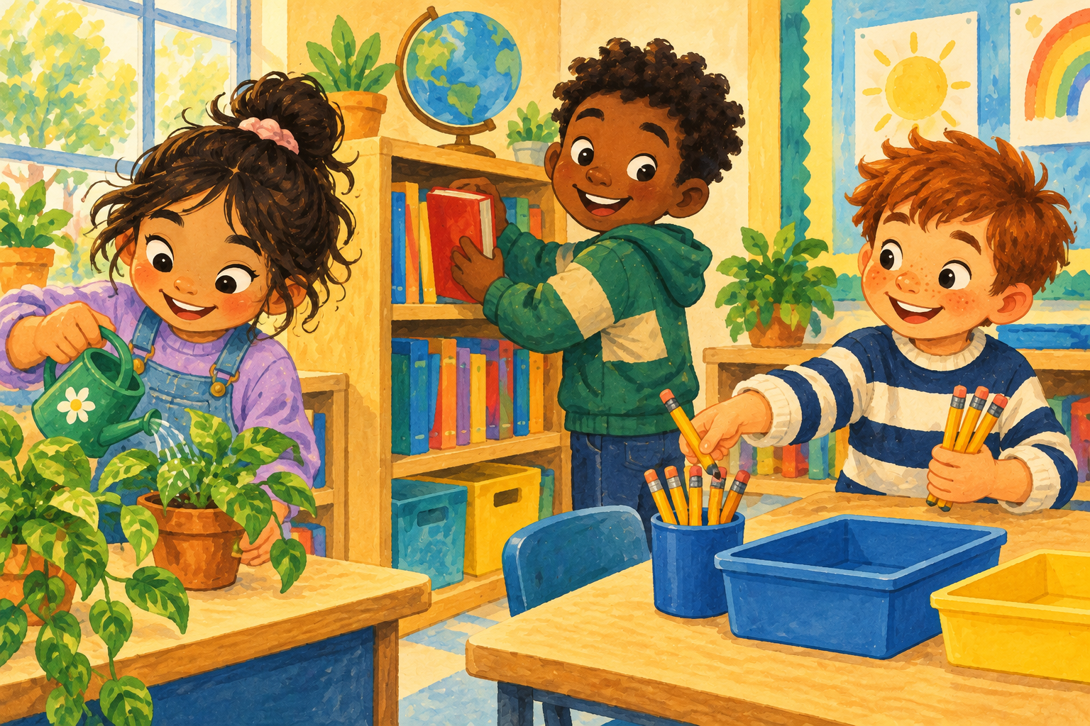 Painted illustration of children watering a plant, organizing books, and helping with classroom supplies.