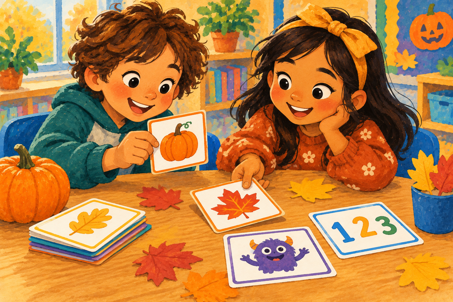 Painted illustration of children exploring fall task cards with pumpkins, leaves, and a friendly monster.