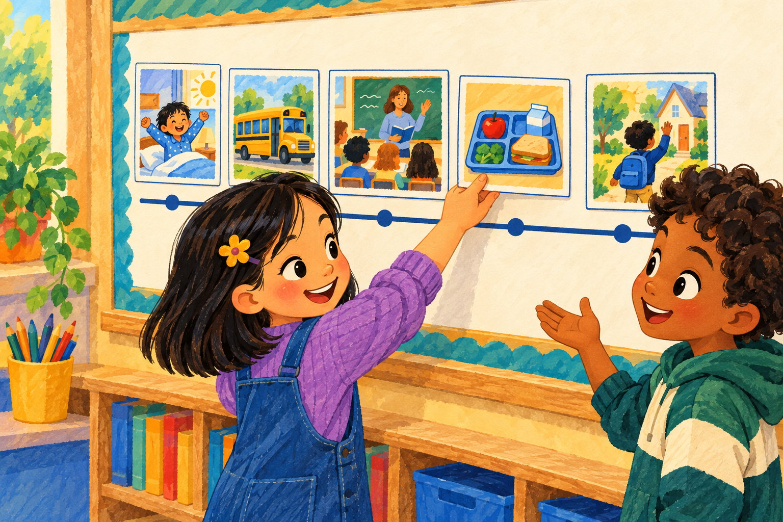 Painted illustration of children arranging school-day event cards in sequence.