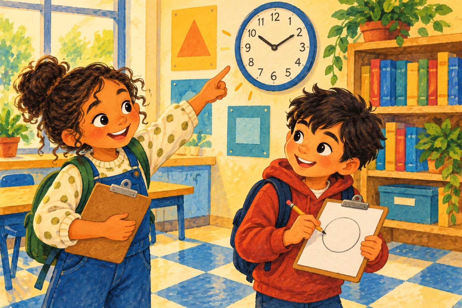Painted illustration of children looking for geometric shapes in a classroom.