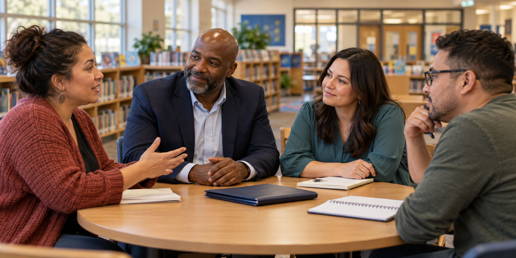 Illustrative district leader and school colleague listening to community members during an informal conversation around a table in a school library.