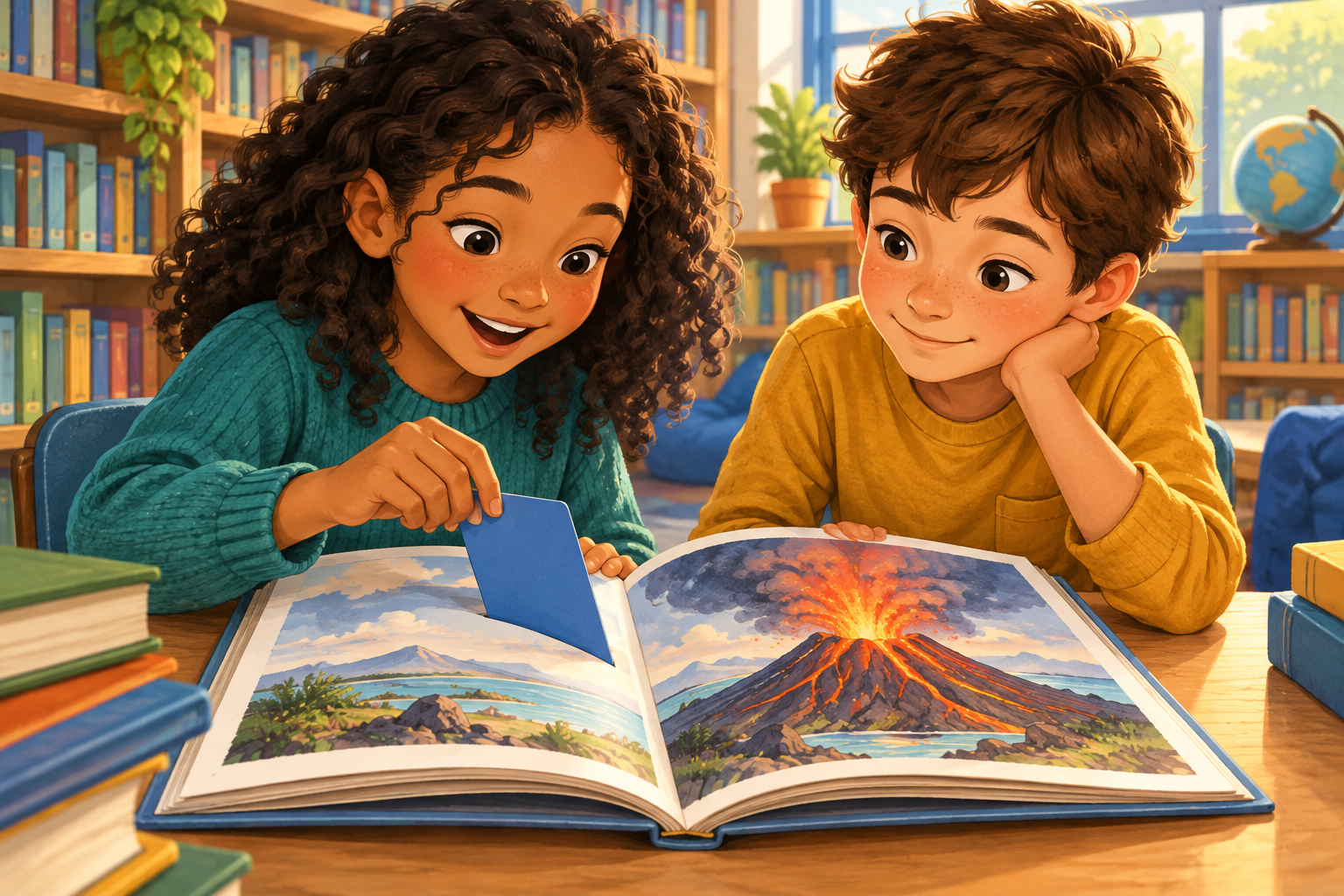 Storybook illustration of children finding a library card in a book.