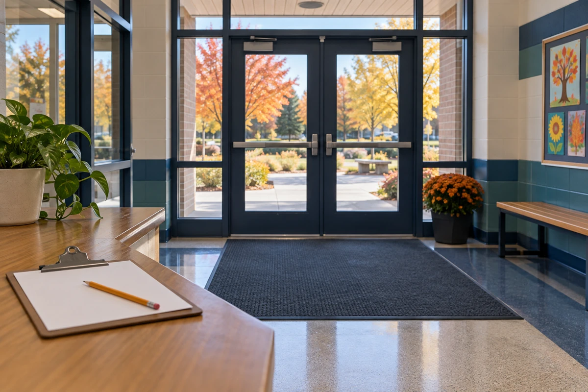 Illustrative school entrance with a clear walkway, clipboard, and autumn trees outside.