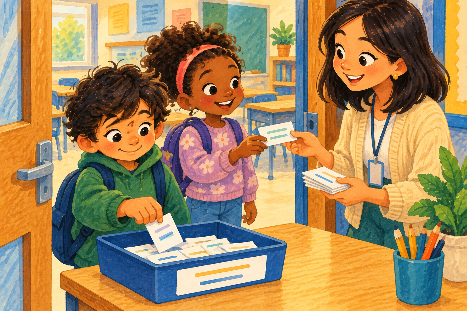 Painted illustration of children handing short exit-ticket cards to their teacher.