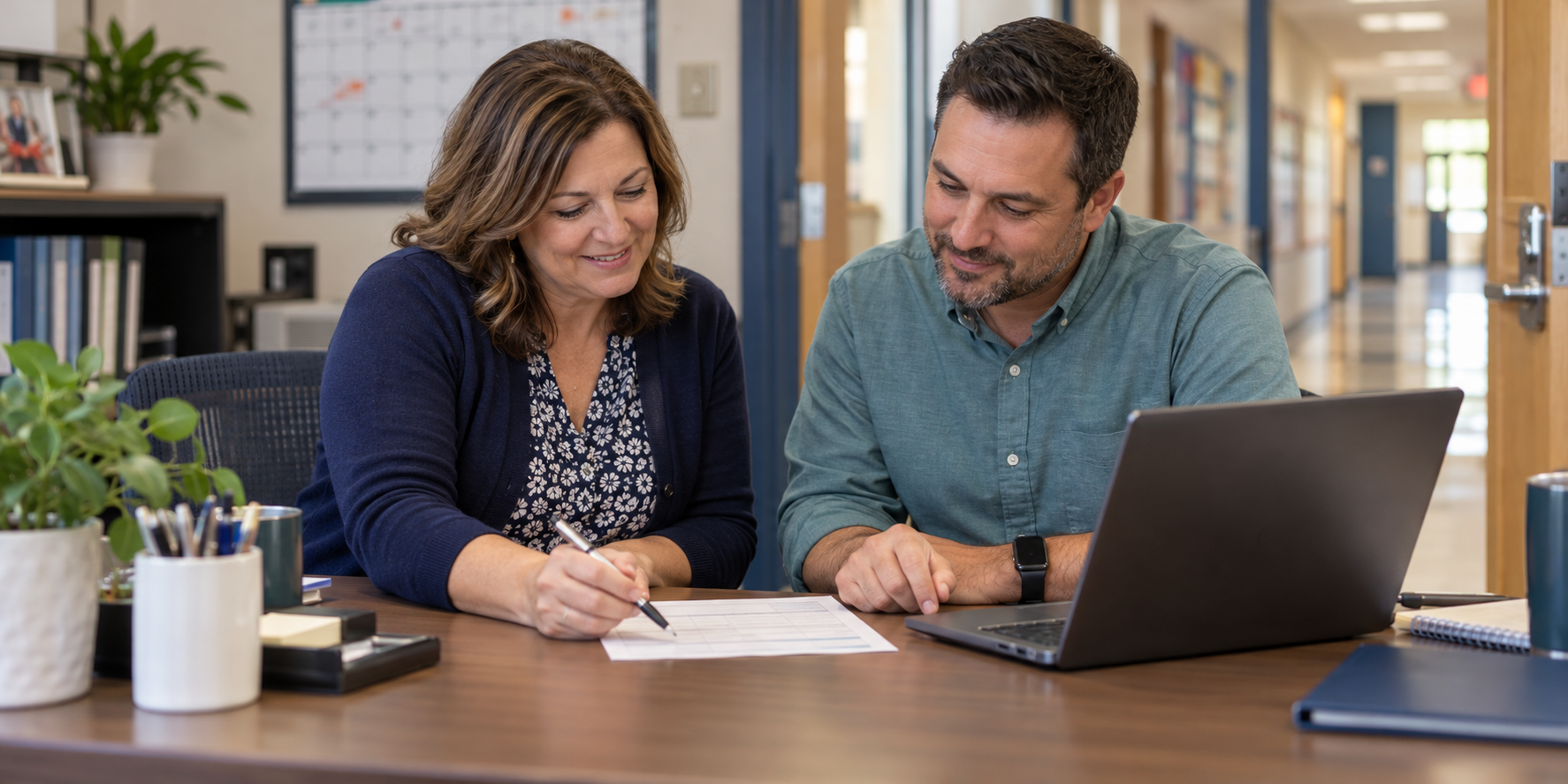 Illustrative school business manager and department colleague reviewing a request together at a desk in a welcoming school office.