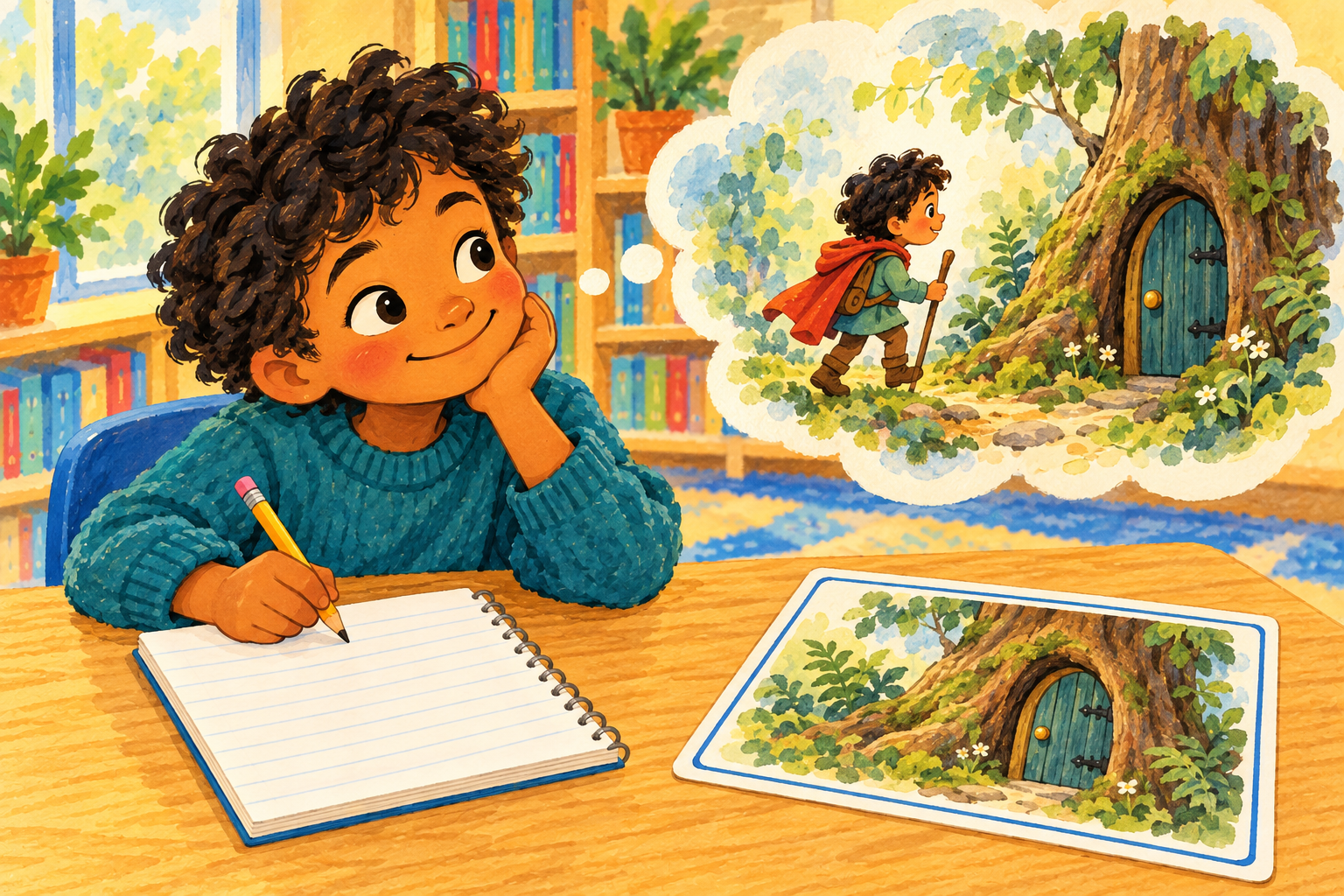 Painted illustration of a child writing while imagining a small woodland door.
