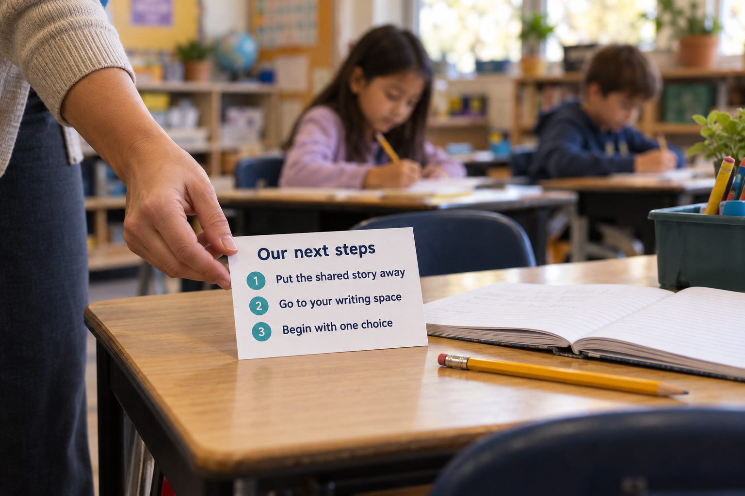 Illustrative classroom scene with a teacher placing an Our next steps routine card beside a notebook while students work in the background.
