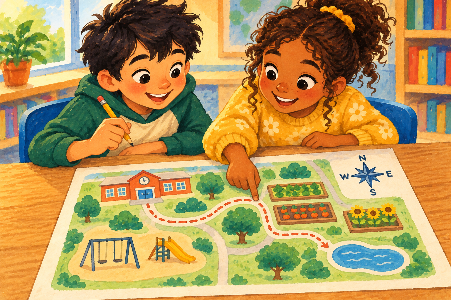 Painted illustration of children exploring a map with a compass rose.