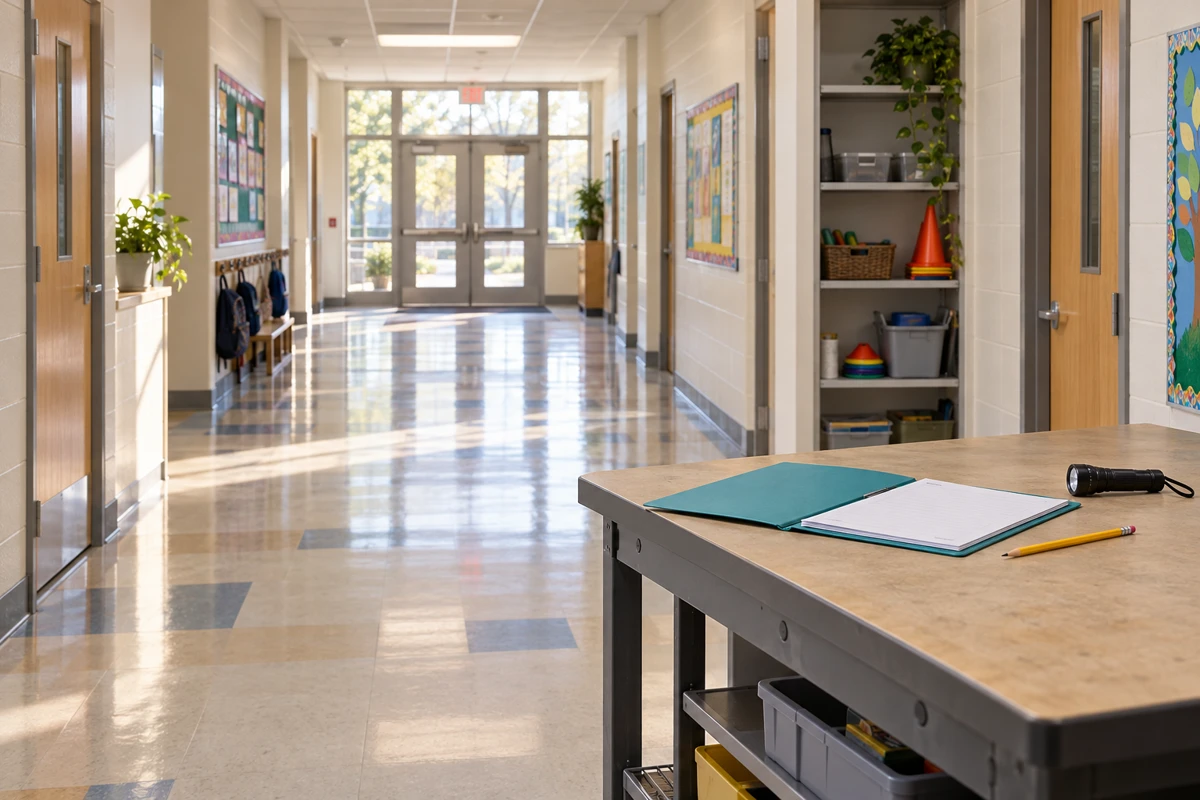 Illustrative school hallway with an open teal folder, observation sheets, pencil, and flashlight on a worktable.