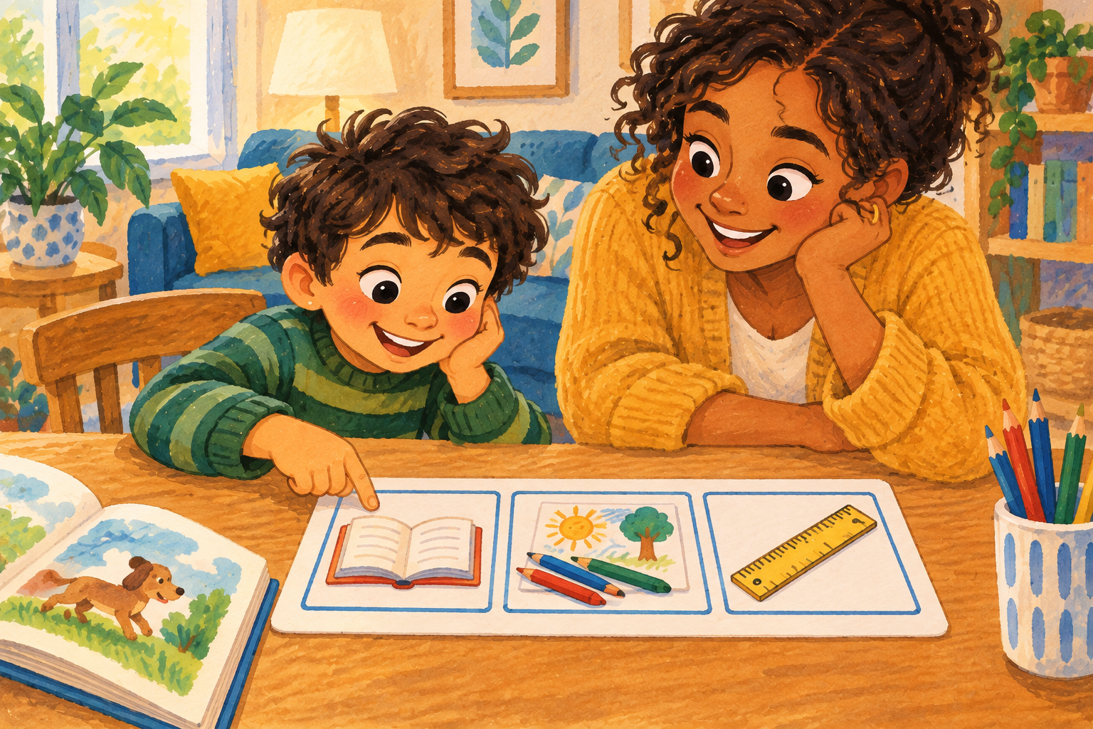 Painted illustration of a child and adult looking at reading, drawing, and measuring choices at home.