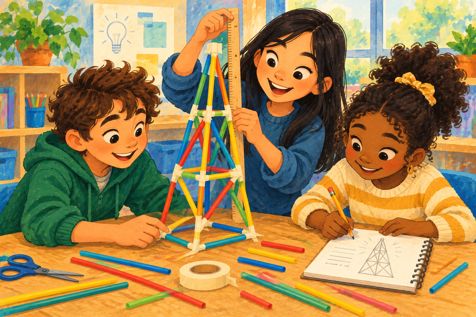 Painted illustration of children measuring a freestanding straw tower.