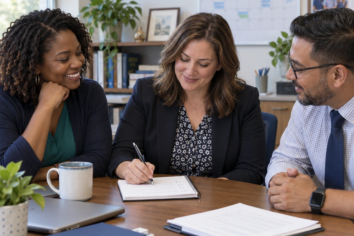 Illustration of school leaders recording clear next steps at a working meeting.