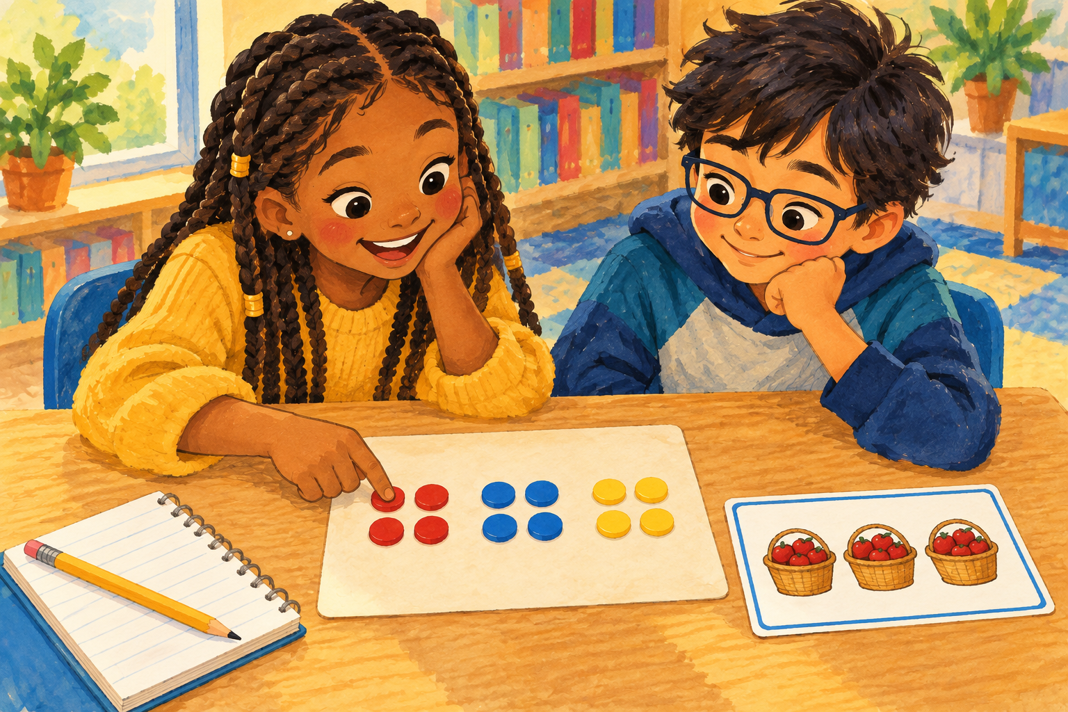 Painted illustration of children using counters to explore a math problem.