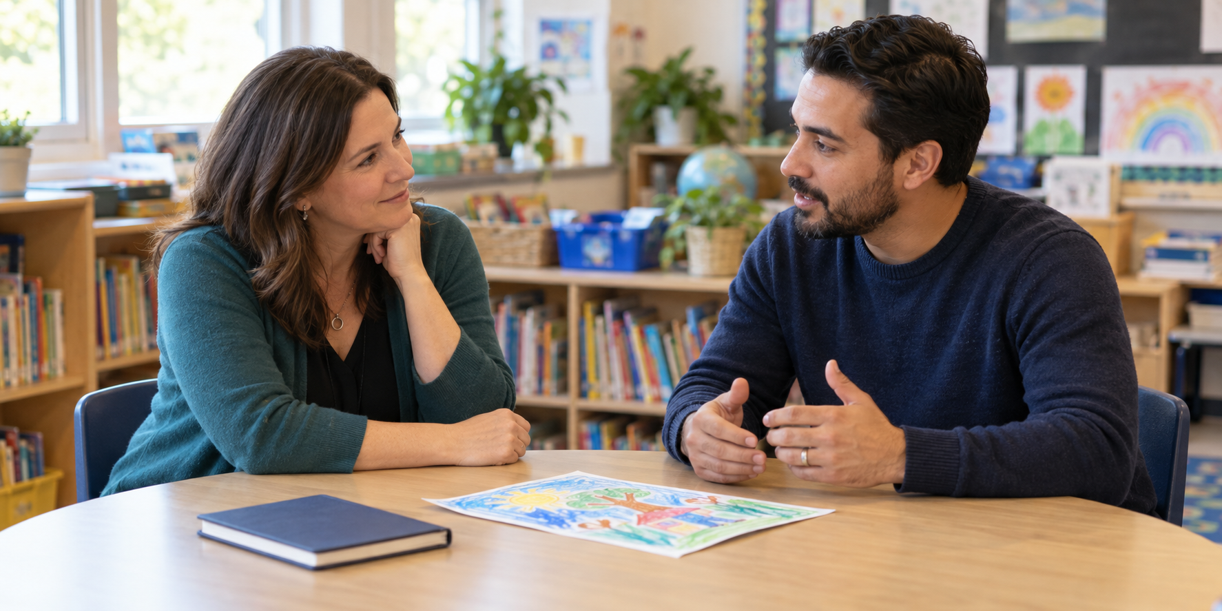 Illustrative teacher listening to a parent or caregiver during a relaxed classroom conversation, with student artwork on the table.