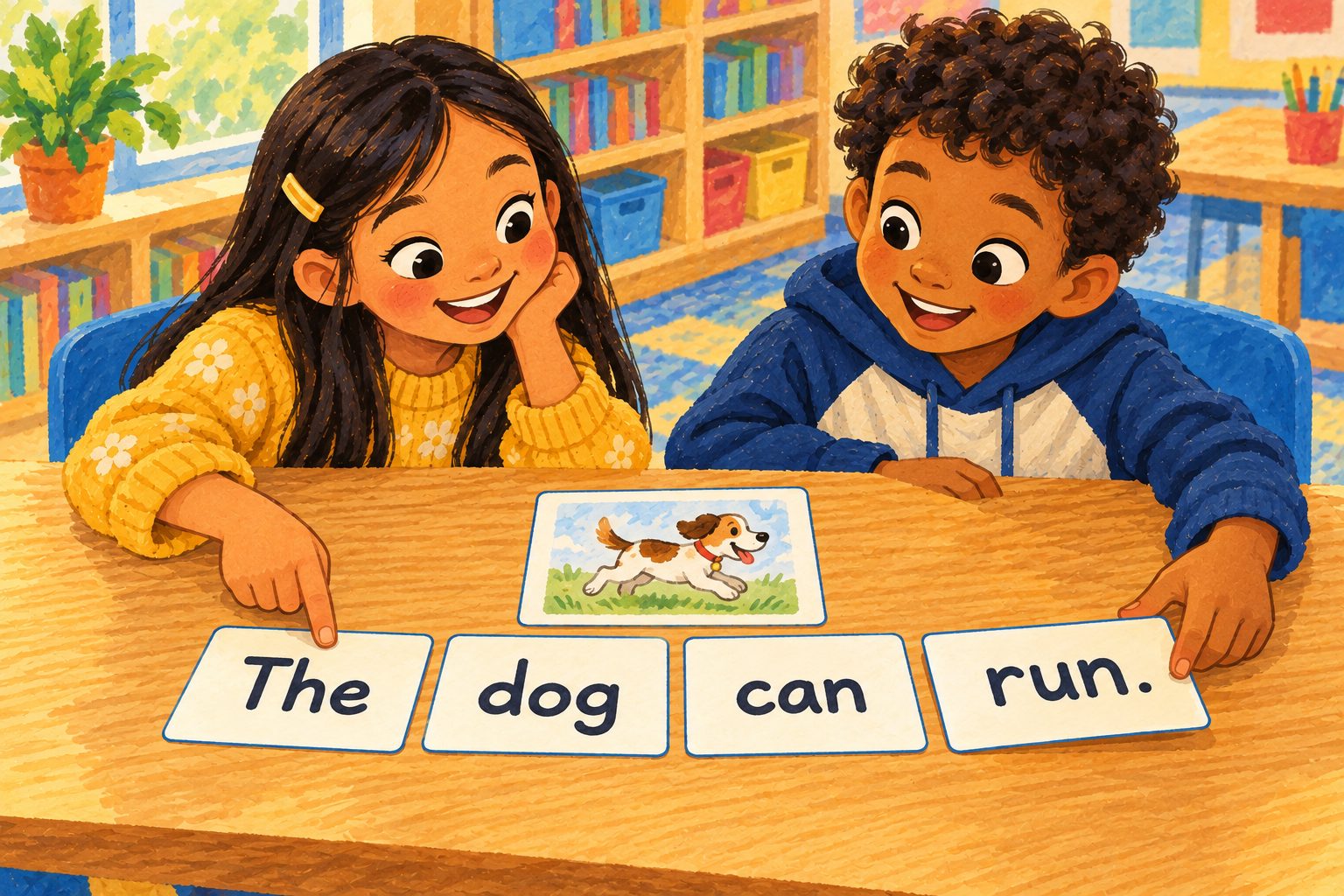 Painted illustration of children arranging word cards into a sentence.