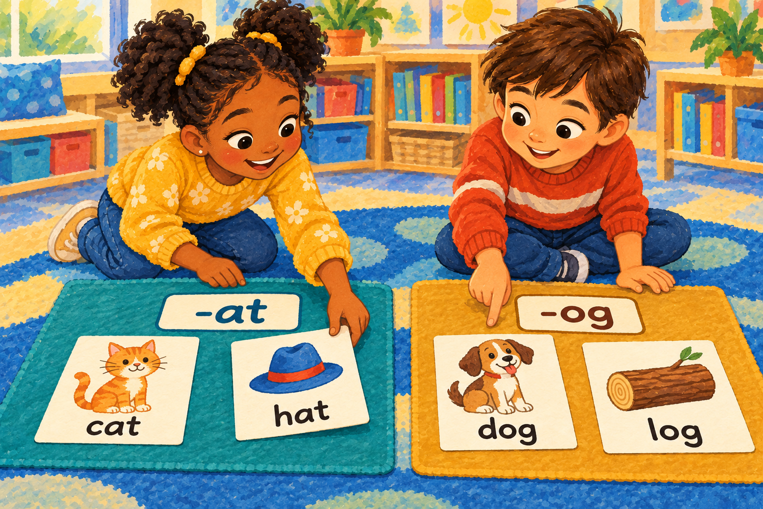 Painted illustration of children sorting simple word cards at a classroom table.