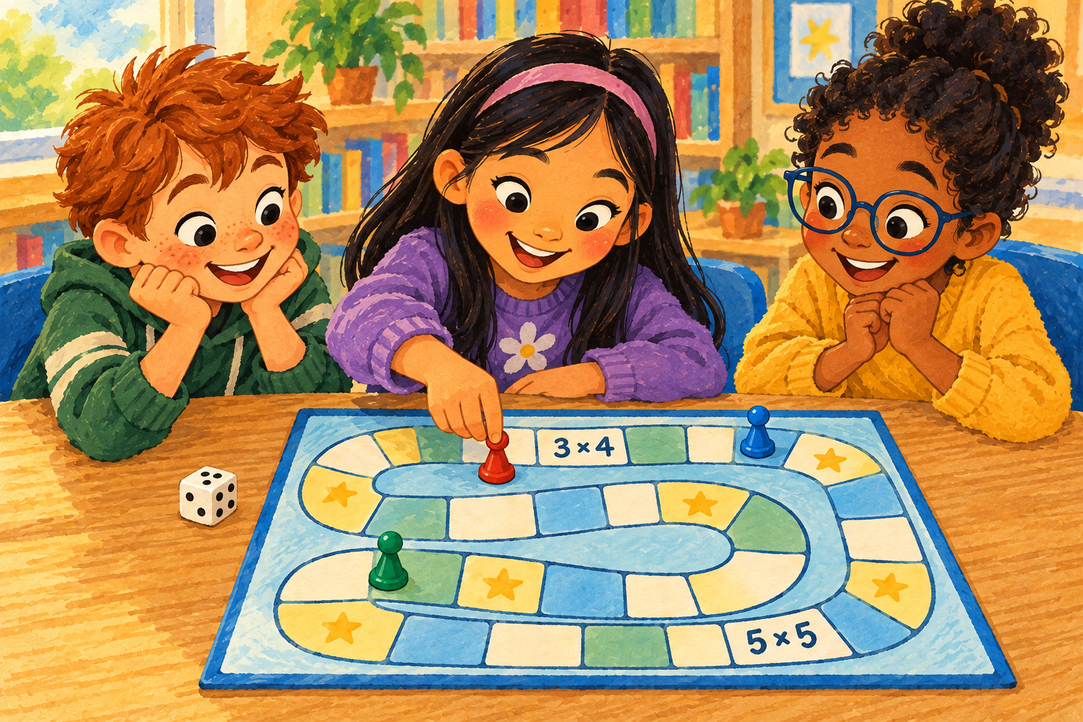 Painted illustration of children playing a multiplication board game with counters and a die.