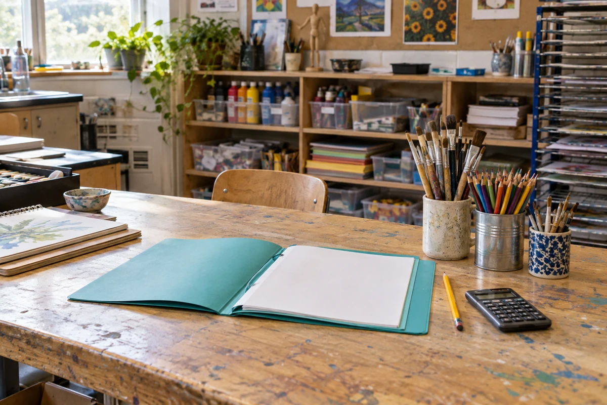 Illustrative school art preparation table with a teal planning folder, calculator, pencils, and supply shelves.