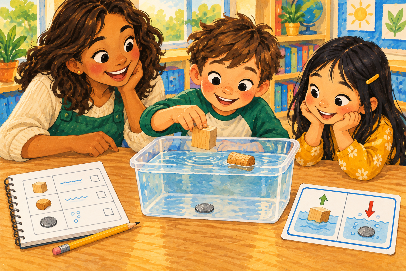 Painted illustration of children testing objects in a clear container of water.