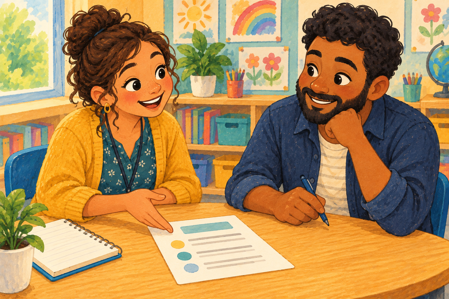 Warm painted illustration of a teacher and family member talking together.