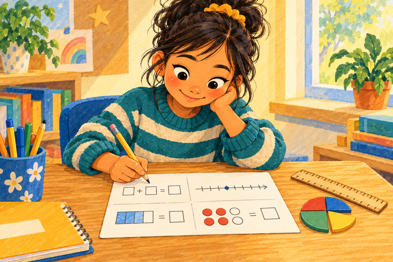 Painted illustration of a student working thoughtfully on a math review page.