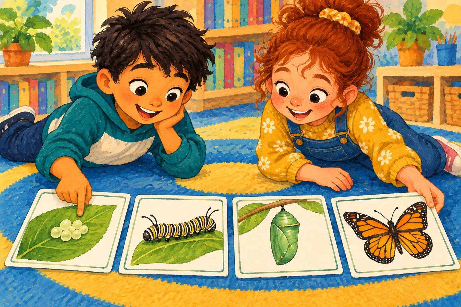Painted illustration of children arranging butterfly life-cycle cards.