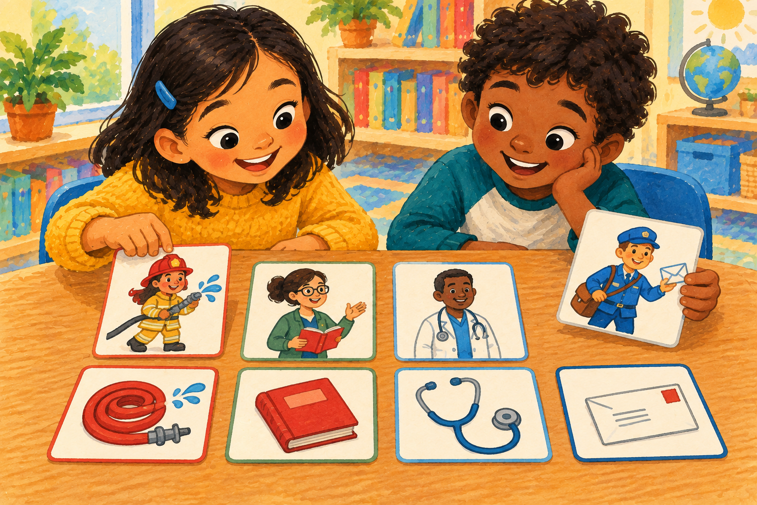 Painted illustration of children matching community workers with tools and places.
