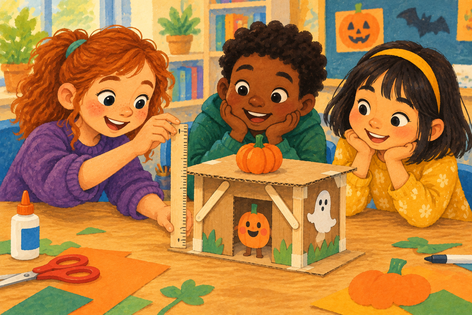 Painted illustration of children measuring a small cardboard clubhouse with a mini pumpkin on its flat roof.