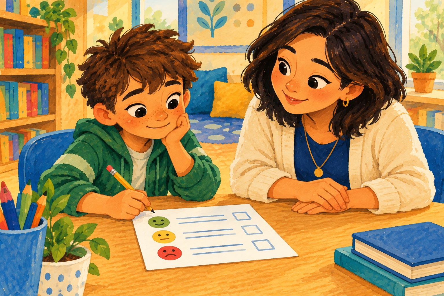 Gentle painted illustration of a teacher sitting beside a student working on a reflection page.