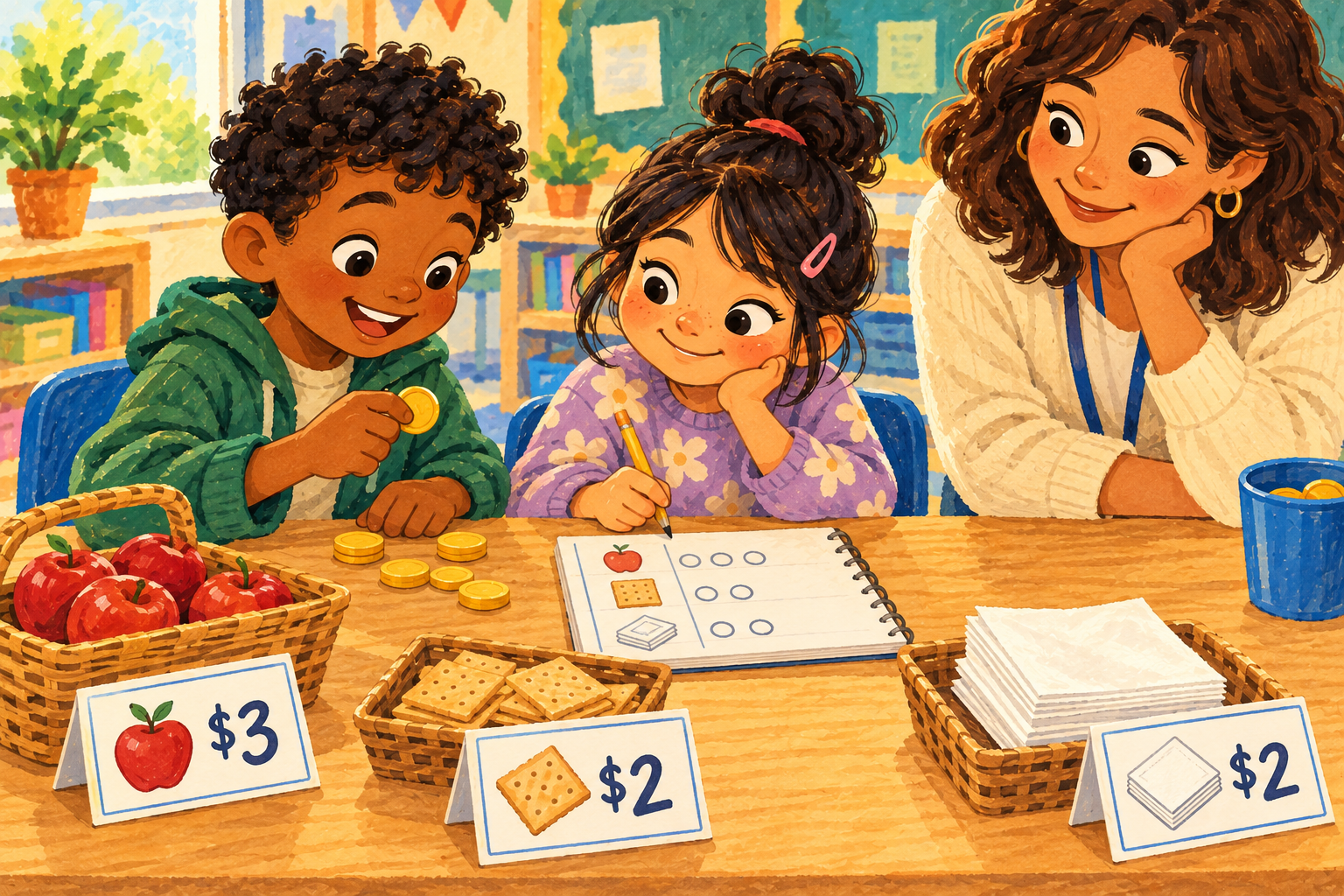 Painted illustration of children using play coins and price cards at a pretend shop.