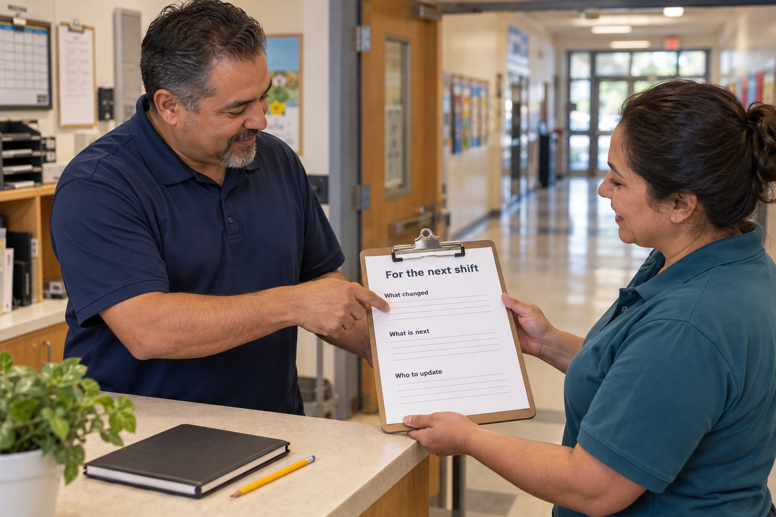 Illustrative school facilities colleagues sharing a clipboard labeled For the next shift beside a school hallway.