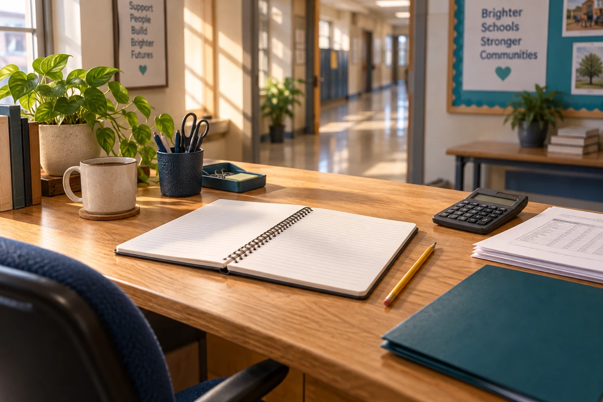 Illustrative school administration desk with a planning notebook, calculator, and folders.