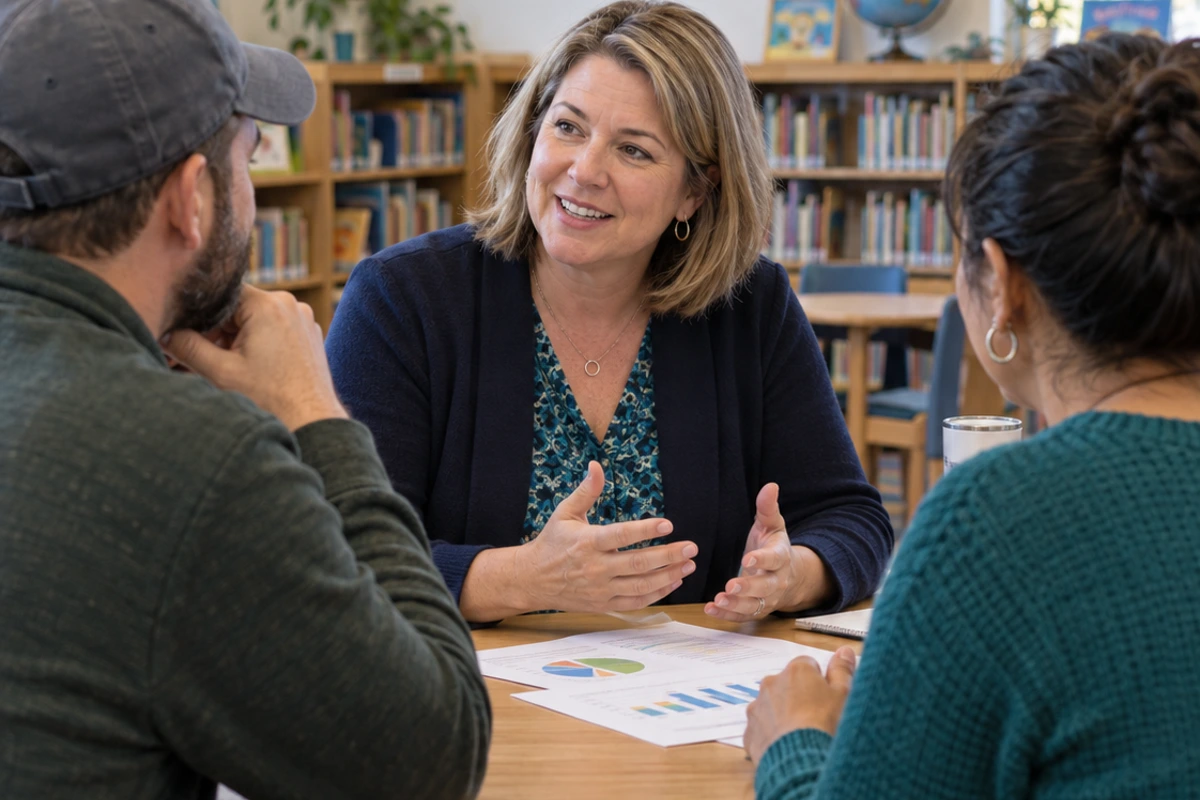 Illustration of a school leader discussing a budget update with community members.