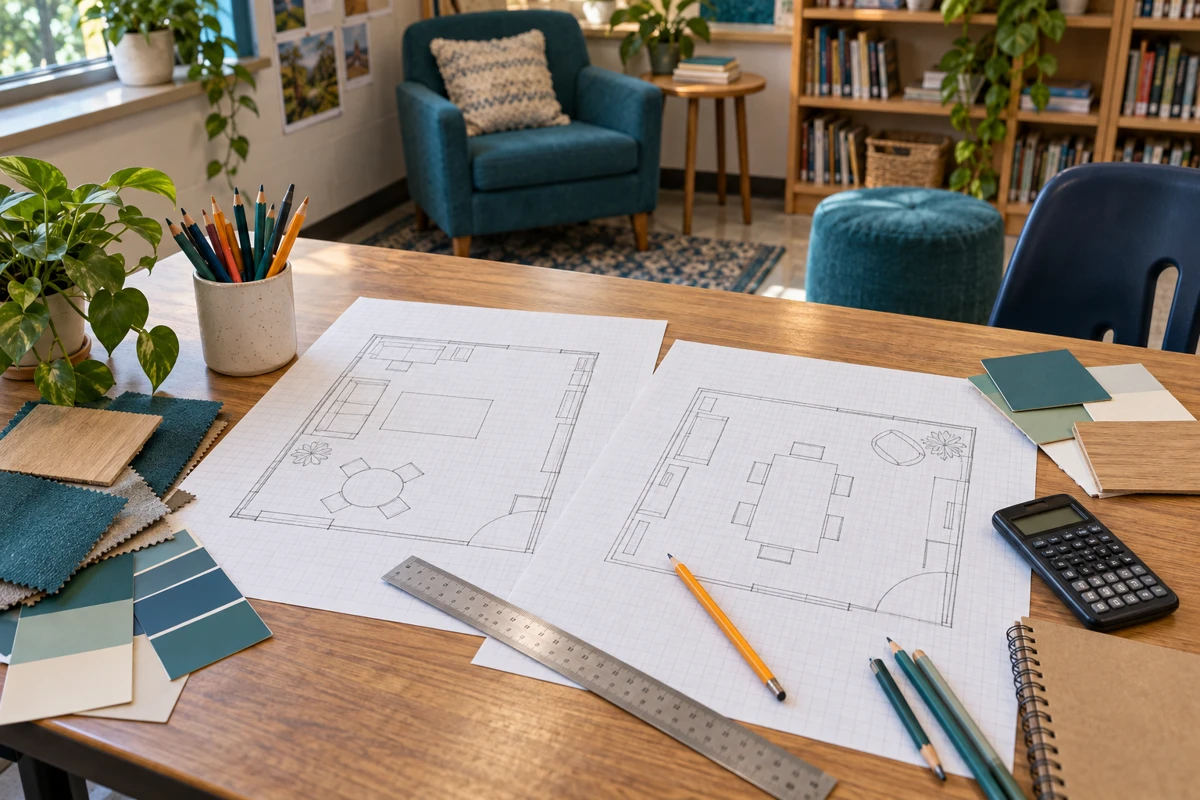 Illustrative school worktable with design sketches, a ruler, pencils, and a calculator, with a reading corner in the background.