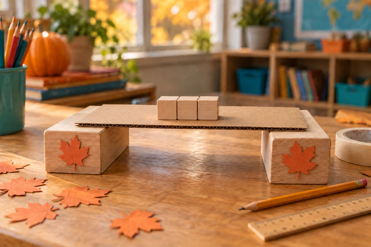 Cardboard bridge with matching wooden blocks resting on a flat deck and decorative paper leaves on its supports.