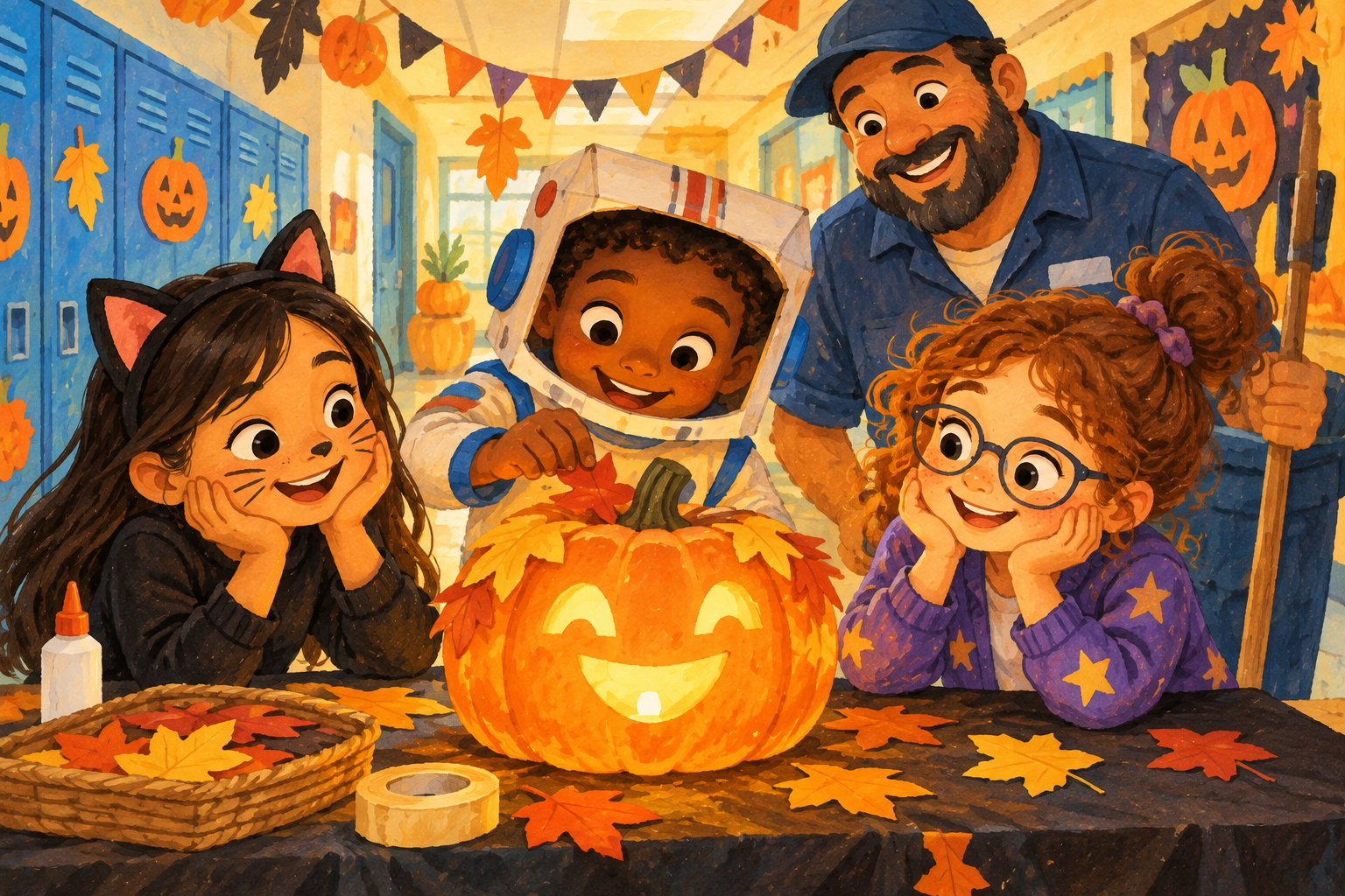 Painted illustration of costumed children and a custodian gathered around a glowing school-festival pumpkin.