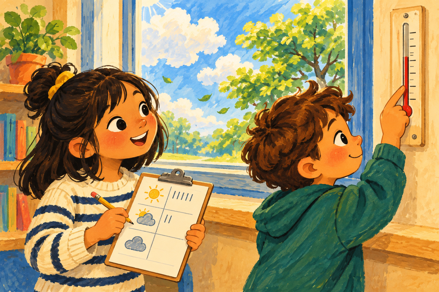Painted illustration of children observing weather through a classroom window and recording their findings.