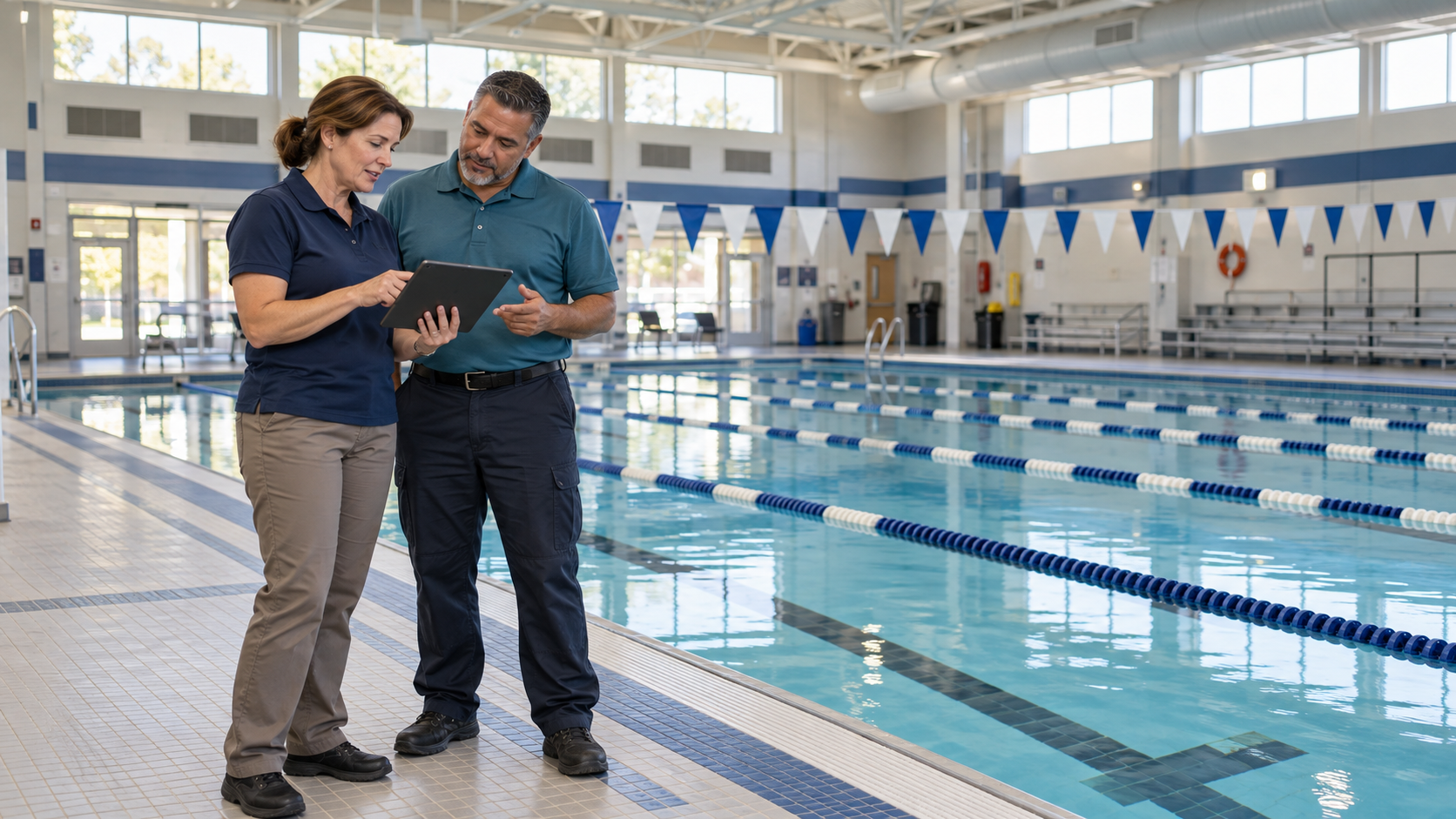 Illustrative school facilities colleagues reviewing a tablet beside an indoor school lap pool.